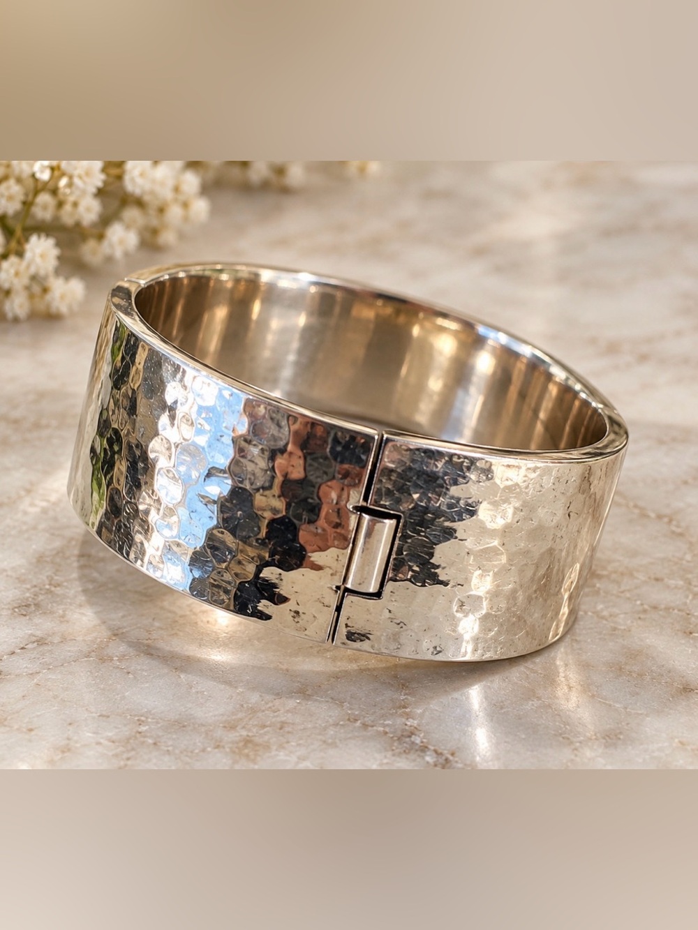 Vintage Hammered Sterling Silver 925 Wide Hinged Cuff Bracelet – Statement Piece